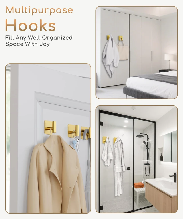 Alt view image 5 of 7 - 4 Pack Large Heavy Duty Wall Hooks - 26lb Max, Stainless Steel Adhesive Towel Hook, Shower Hooks for Hanging Towel, Coat, Robe, Wall Hook for Use in Bathroom, Kitchen and Door, Gold