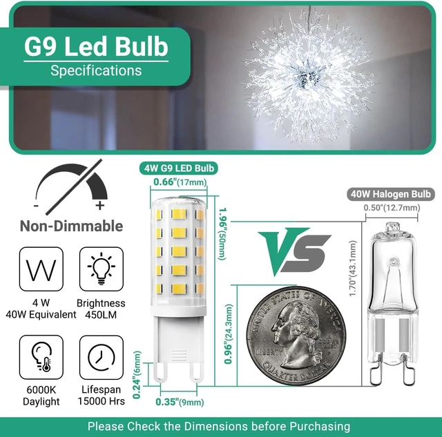 Alt view image 2 of 7 - G9 LED Bulb 4W, 6000K Daylight 20 Pack, 40 Watt Eq, G9 Base, 120V T4 G9 Halogen Replacement, G 9 Bi-pin Base Light Bulbs for Chandelier, 450 LM 360 Beam Angle for Home Lighting, Non-dimmable