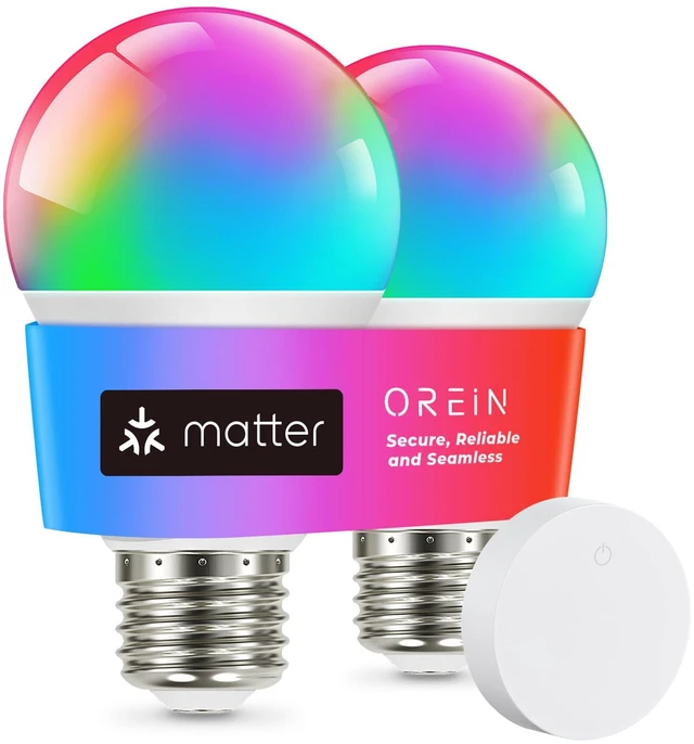 Main image of Matter Smart Light Bulb, A19 RGBTW Color Changing, 2 Pack with Remote Works with Alexa/Apple Home/Google Home/SmartThings800lm 60W Equivalent Alexa Light Bulbs, E26 Base 2.4Ghz WiFi LED Bulbs