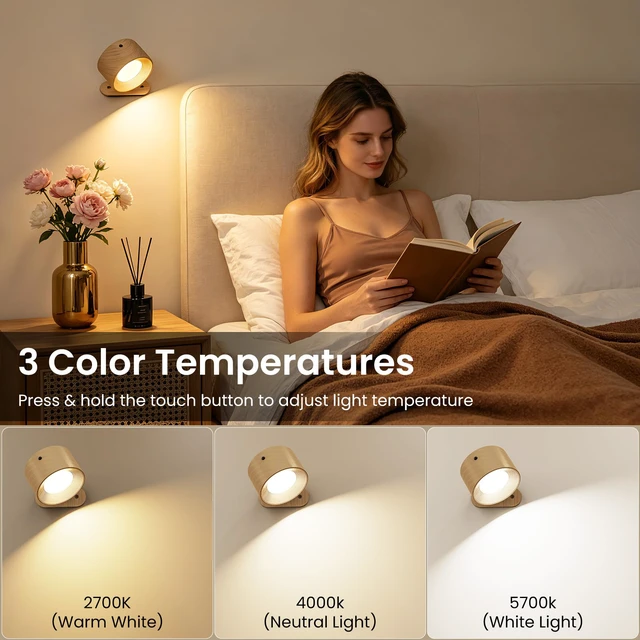 Alt view image 2 of 7 - 3PACK Rechargeable LED Wall Sconce, Cordless Battery with Remote Powered Wall Sconce, 3 Brightness Levels, 360° Swivel Magnetic Shade for Reading Bedside, Wood Grain Color