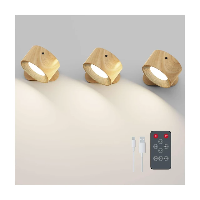 Main image of 3PACK Rechargeable LED Wall Sconce, Cordless Battery with Remote Powered Wall Sconce, 3 Brightness Levels, 360° Swivel Magnetic Shade for Reading Bedside, Wood Grain Color