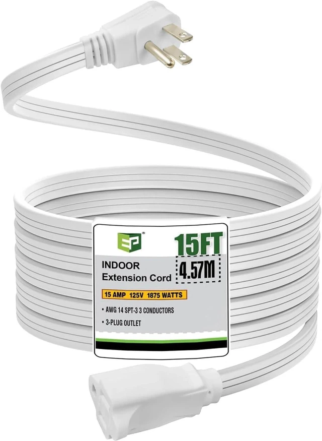 Main image of 15 Ft Heavy Duty Appliance Extension Cord,14 AWG 3-Prong Flat Plug White 14 Gauge, 3 Prong Grounded, For Air Conditioners, Refrigerators, Microwaves, Washing Machines, Indoor Use