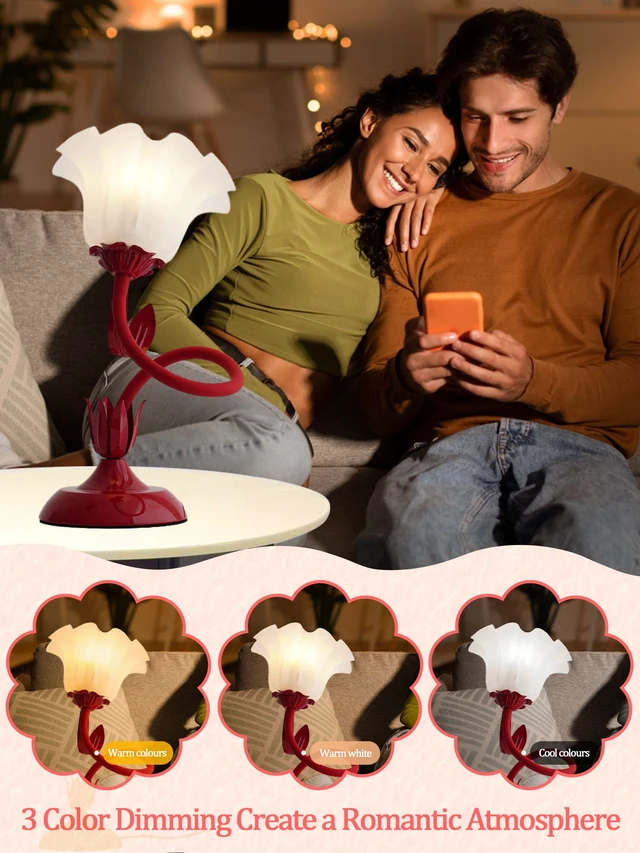 Alt view image 2 of 7 - Flower Table Lamp, LED Reading Light Bedside Vintage Night Light (Red) 3 Colors Modes Kawaii Flower Lamps Decor,Living Room Bedroom Lighting Table Lamps Home Decoration