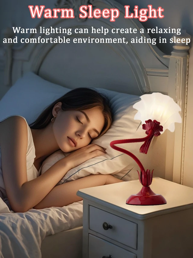 Alt view image 3 of 7 - Flower Table Lamp, LED Reading Light Bedside Vintage Night Light (Red) 3 Colors Modes Kawaii Flower Lamps Decor,Living Room Bedroom Lighting Table Lamps Home Decoration