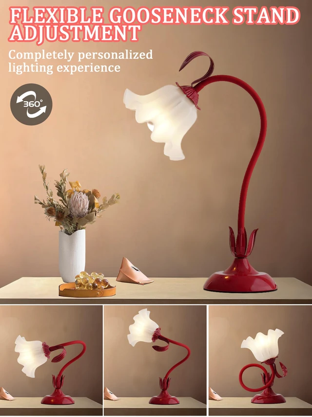 Alt view image 4 of 7 - Flower Table Lamp, LED Reading Light Bedside Vintage Night Light (Red) 3 Colors Modes Kawaii Flower Lamps Decor,Living Room Bedroom Lighting Table Lamps Home Decoration