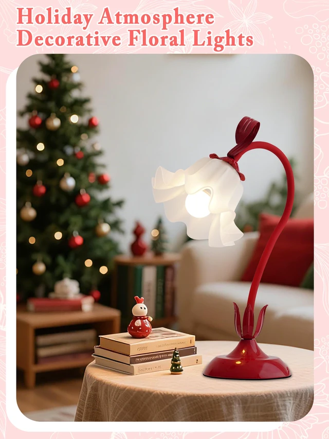 Alt view image 5 of 7 - Flower Table Lamp, LED Reading Light Bedside Vintage Night Light (Red) 3 Colors Modes Kawaii Flower Lamps Decor,Living Room Bedroom Lighting Table Lamps Home Decoration