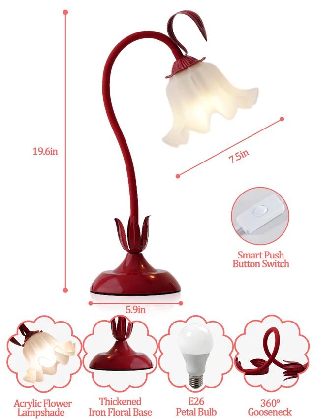 Alt view image 6 of 7 - Flower Table Lamp, LED Reading Light Bedside Vintage Night Light (Red) 3 Colors Modes Kawaii Flower Lamps Decor,Living Room Bedroom Lighting Table Lamps Home Decoration