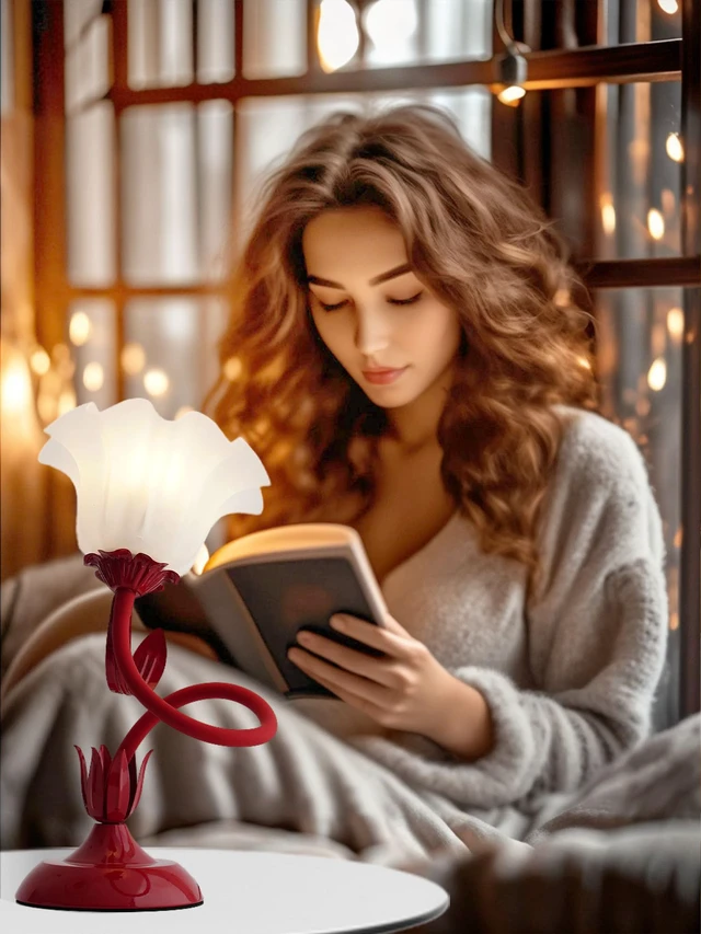 Alt view image 7 of 7 - Flower Table Lamp, LED Reading Light Bedside Vintage Night Light (Red) 3 Colors Modes Kawaii Flower Lamps Decor,Living Room Bedroom Lighting Table Lamps Home Decoration