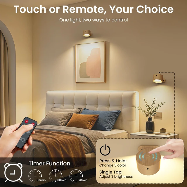 Alt view image 4 of 7 - 3PACK Rechargeable LED Wall Sconce, Cordless Battery with Remote Powered Wall Sconce, 3 Brightness Levels, 360° Swivel Magnetic Shade for Reading Bedside, Wood Grain Color