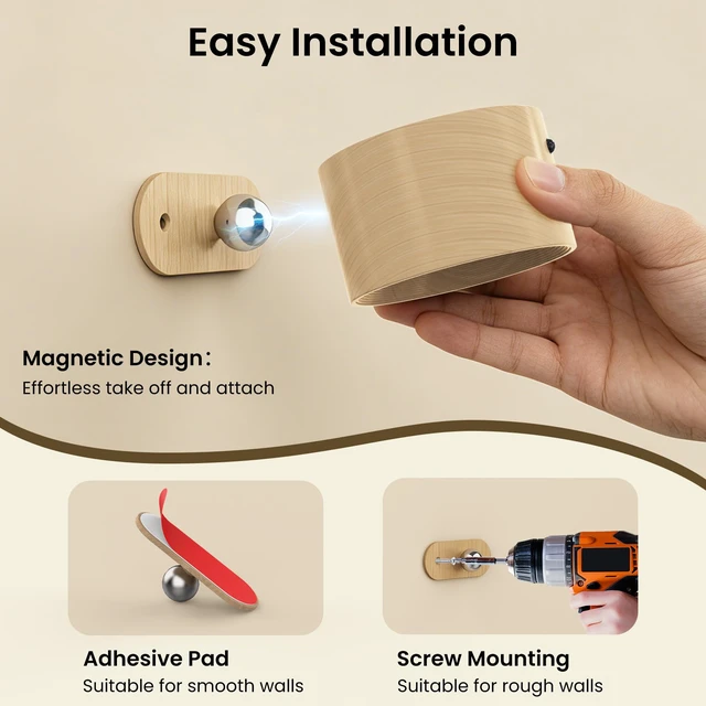 Alt view image 6 of 7 - 3PACK Rechargeable LED Wall Sconce, Cordless Battery with Remote Powered Wall Sconce, 3 Brightness Levels, 360° Swivel Magnetic Shade for Reading Bedside, Wood Grain Color
