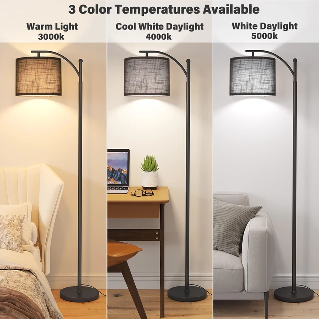 Alt view image 2 of 7 - Arc Floor Lamp, Modern Floor Lamp with 3 Color Temperatures Bulb 12W Metal Standing Lamps with Adjustable Hanging Lampshade, Tall Floor Lamps for Living Room, Bedroom, Office