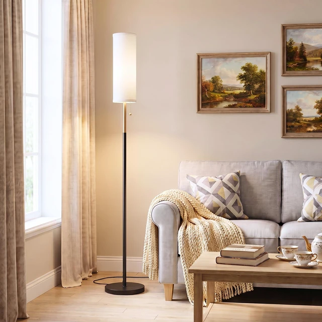 Main image of 64" Floor Lamp with Bulb & Lampshade & Chain Switch, Black & Gold 3 Color Temperature,9W LED bulb,Minimalist Floor Lamp,Tall Pole Lamps,Living Room,Bedrooms,for Study,Office