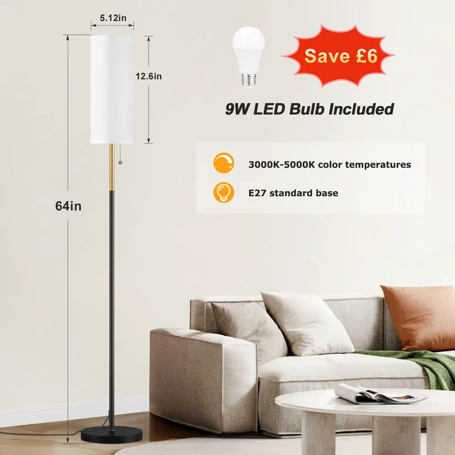 Alt view image 3 of 7 - 64" Floor Lamp with Bulb & Lampshade & Chain Switch, Black & Gold 3 Color Temperature,9W LED bulb,Minimalist Floor Lamp,Tall Pole Lamps,Living Room,Bedrooms,for Study,Office