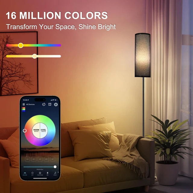 Alt view image 2 of 7 - Floor Lamp, 9W 800LM Smart Bulb, Tall Corner Lamp, Black Shade Music Sync Light, App & Remote Control, Color Changing Ambient Lighting Standing Lamp for Bedroom Game Christmas Home Decor