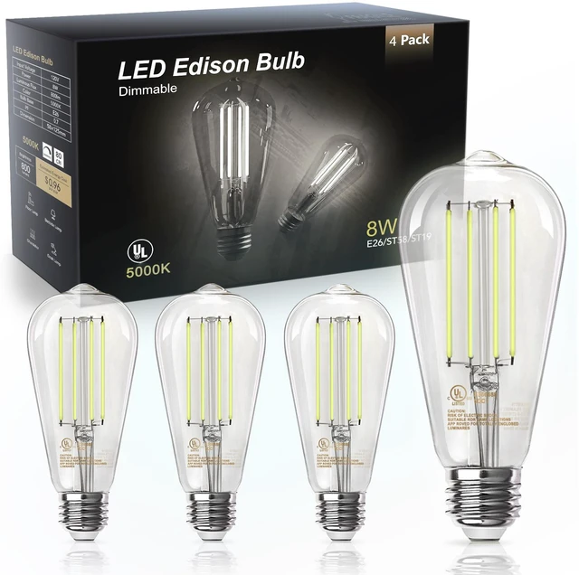 Main image of 4 Pack Edison LED Light Bulbs, E26 Base, 8W 5000K, Dimmable Vintage ST58 Filament Design, 60W Equivalent, 800 Lumens, CRI 80+, Antique Glass Style for Home, Bedroom & Farmhouse