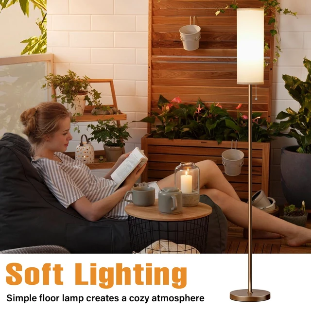 Alt view image 4 of 7 - 64" Floor Lamp with Bulb & Lampshade & Chain Switch, White & Brown 3 Color Temperature,9W LED bulb,Minimalist Floor Lamp,Tall Pole Lamps,Living Room,Bedrooms,for Study,Office