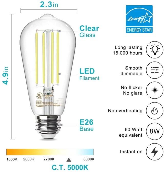 Alt view image 2 of 7 - 4 Pack Edison LED Light Bulbs, E26 Base, 8W 5000K, Dimmable Vintage ST58 Filament Design, 60W Equivalent, 800 Lumens, CRI 80+, Antique Glass Style for Home, Bedroom & Farmhouse