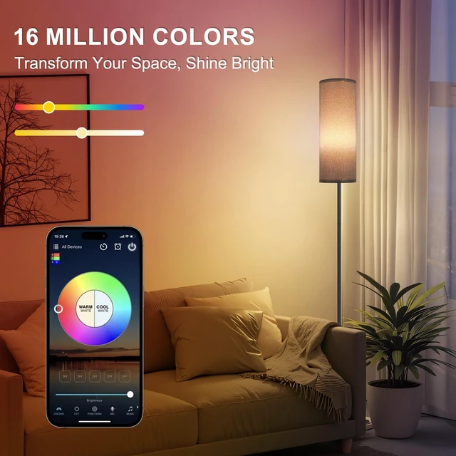 Alt view image 2 of 7 - Floor Lamp, 9W 800LM Smart Bulb, Tall Corner Lamp, Gray Shade Music Sync Light, App & Remote Control, Color Changing Ambient Lighting Standing Lamp for Bedroom Game Christmas Home Decor