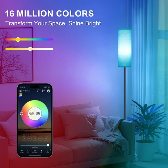 Alt view image 2 of 7 - Floor Lamp, 9W 800LM Smart Bulb, Tall Lamp, Turquoise Shade Music Sync, App& Remote Control, Color Changing Ambient Lighting Standing Lamp for Living Room Bedroom Corner Game Home Decor