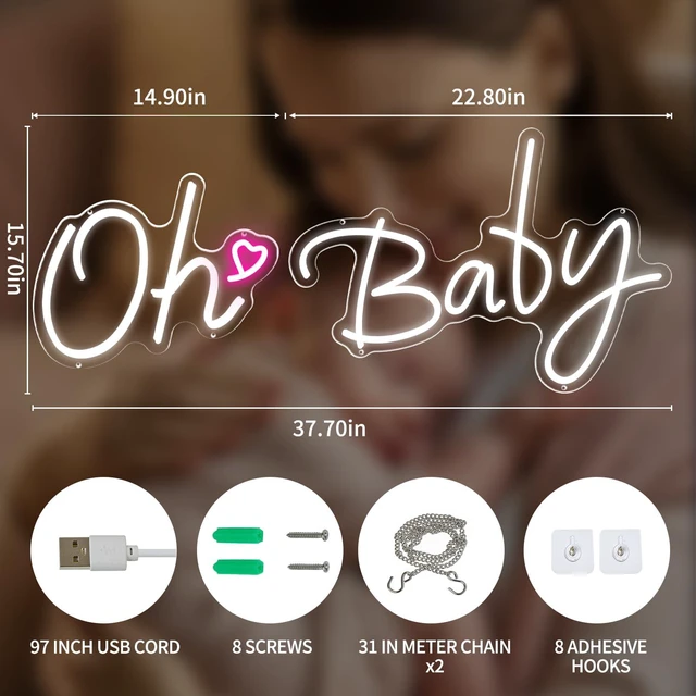 Alt view image 2 of 4 - Oh Baby Neon Sign LED Light up Sign for Backdrop Decor 37.7x15.7inch Gender Reveal,Bedroom Wall Decor White