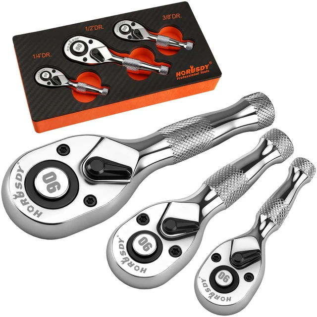 Main image of 3 Piece 90T Stubby Ratchet Handle Set, 1/4" 3/8" 1/2" Drive Mini Socket Wrench, Compact Reversible Ratchets for Tight Spaces, Car & Home Repair, DIY, Mechanic Tool