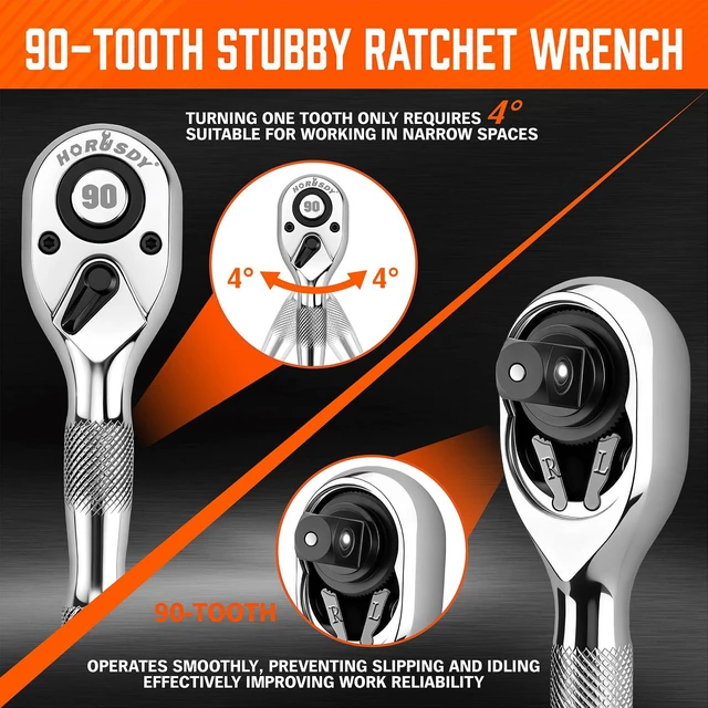 Alt view image 2 of 7 - 3 Piece 90T Stubby Ratchet Handle Set, 1/4" 3/8" 1/2" Drive Mini Socket Wrench, Compact Reversible Ratchets for Tight Spaces, Car & Home Repair, DIY, Mechanic Tool