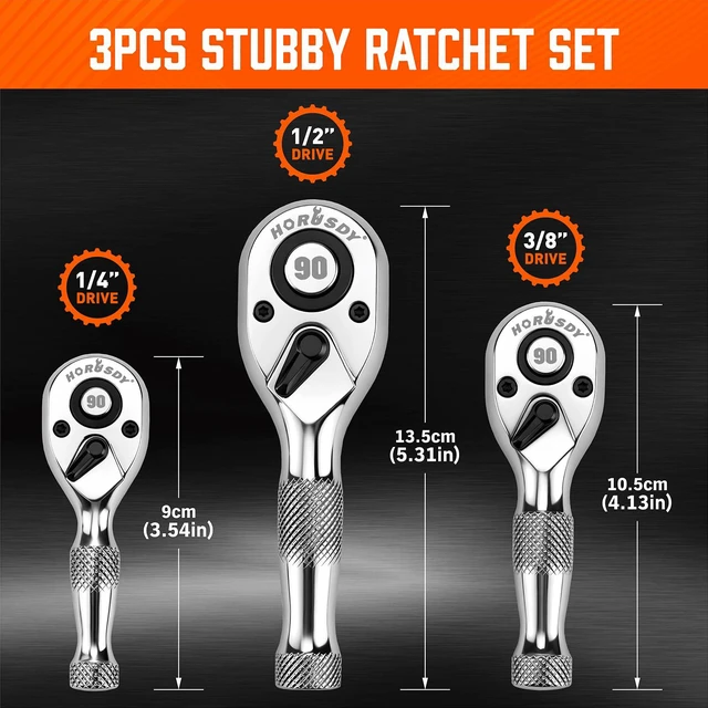 Alt view image 3 of 7 - 3 Piece 90T Stubby Ratchet Handle Set, 1/4" 3/8" 1/2" Drive Mini Socket Wrench, Compact Reversible Ratchets for Tight Spaces, Car & Home Repair, DIY, Mechanic Tool