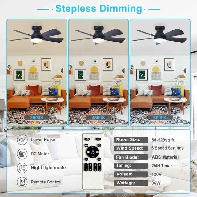 Alt view image 3 of 7 - Modern Ceiling Fan with Light: 35-Inch Black Small Fans for Bedroom Indoor Outdoor - Dimmable Low Profile Ceiling Fans with Remote Control Flush Mount 5 Reversible Black Blades 6 Speeds Timer