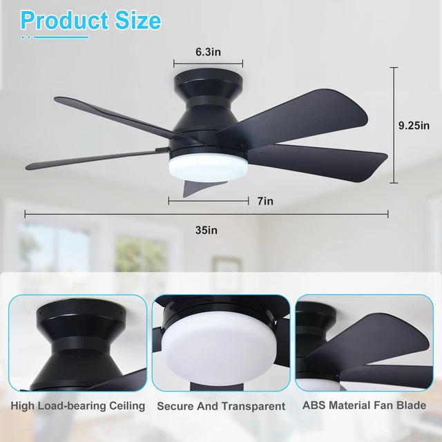 Alt view image 6 of 7 - Modern Ceiling Fan with Light: 35-Inch Black Small Fans for Bedroom Indoor Outdoor - Dimmable Low Profile Ceiling Fans with Remote Control Flush Mount 5 Reversible Black Blades 6 Speeds Timer