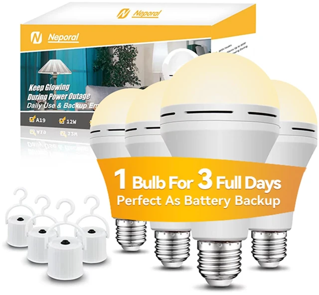 Main image of Emergency-Rechargeable-Light-Bulb, Stay Lights Up When Power Failure, 15W 80W Equivalent LED Light Bulbs for Home, Camping, Tent (Soft White, 4 Pack 2600mAh)