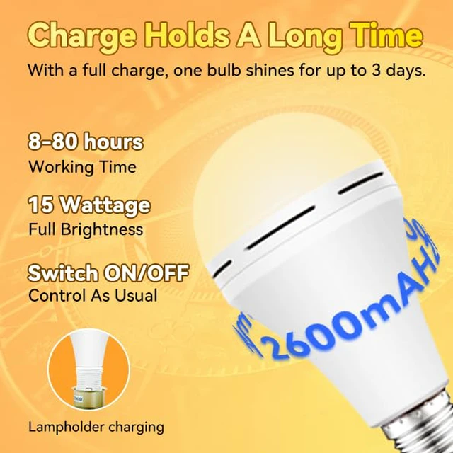 Alt view image 2 of 7 - Emergency-Rechargeable-Light-Bulb, Stay Lights Up When Power Failure, 15W 80W Equivalent LED Light Bulbs for Home, Camping, Tent (Soft White, 4 Pack 2600mAh)