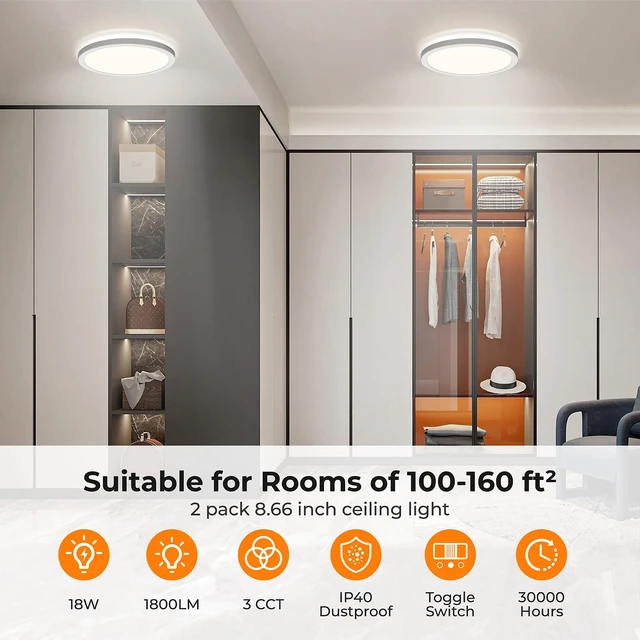 Alt view image 3 of 7 - LED Flush Mount Ceiling Light, 9 Inch 18W 3000K/4000K/5000K Hardwire Light Fixture, Ultra Thin Round White Lamp for Kitchen Porch Bedroom Hallway Stairwell Basement, Non-dimmable 2 Pack