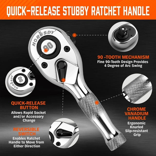 Alt view image 4 of 7 - 3 Piece 90T Stubby Ratchet Handle Set, 1/4" 3/8" 1/2" Drive Mini Socket Wrench, Compact Reversible Ratchets for Tight Spaces, Car & Home Repair, DIY, Mechanic Tool