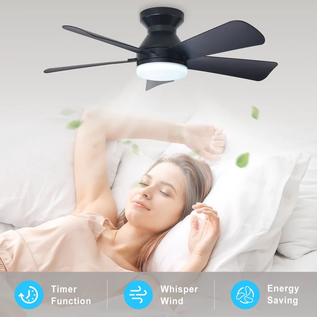 Alt view image 7 of 7 - Modern Ceiling Fan with Light: 35-Inch Black Small Fans for Bedroom Indoor Outdoor - Dimmable Low Profile Ceiling Fans with Remote Control Flush Mount 5 Reversible Black Blades 6 Speeds Timer