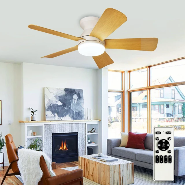 Main image of Modern Ceiling Fan with Light: 35-Inch White Small Fans for Bedroom Indoor Outdoor - Dimmable Low Profile Ceiling Fans with Remote Control Flush Mount 5 Reversible Wood Blades 6 Speeds Timer