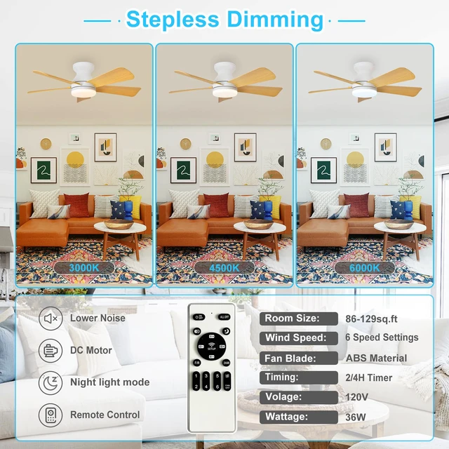 Alt view image 3 of 7 - Modern Ceiling Fan with Light: 35-Inch White Small Fans for Bedroom Indoor Outdoor - Dimmable Low Profile Ceiling Fans with Remote Control Flush Mount 5 Reversible Wood Blades 6 Speeds Timer