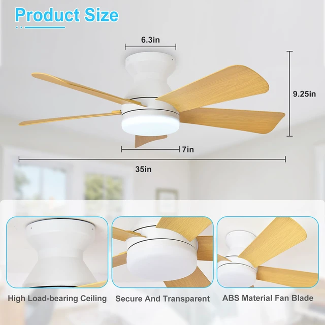 Alt view image 6 of 7 - Modern Ceiling Fan with Light: 35-Inch White Small Fans for Bedroom Indoor Outdoor - Dimmable Low Profile Ceiling Fans with Remote Control Flush Mount 5 Reversible Wood Blades 6 Speeds Timer