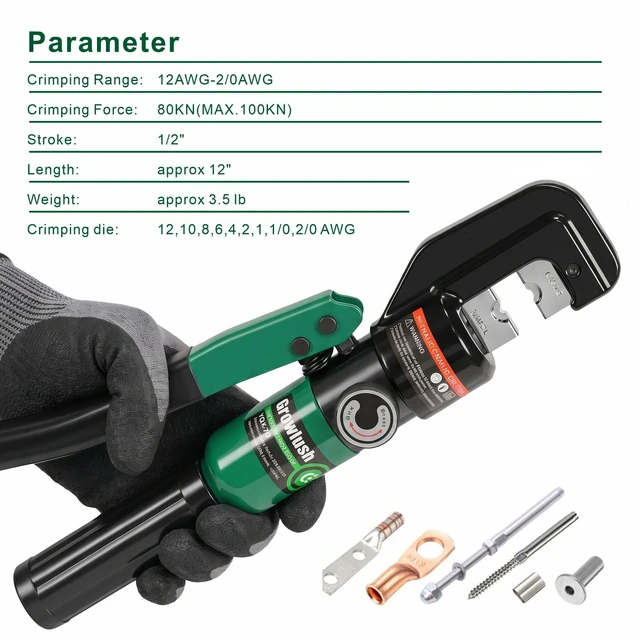 Alt view image 3 of 7 - Hydraulic Crimping Tool, 2/0 Battery Cable Crimper, 10T Hydraulic Crimper for US AWG Size 12-2/0 Gauge Stranded (9 Sets of US Standard Crimping Dies: 12, 10, 8, 6, 4, 2, 1, 0, and 00AWG)