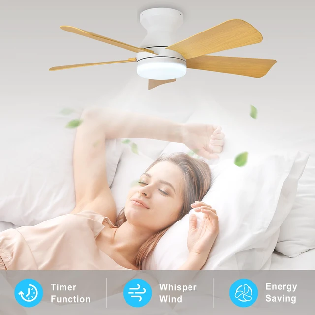 Alt view image 7 of 7 - Modern Ceiling Fan with Light: 35-Inch White Small Fans for Bedroom Indoor Outdoor - Dimmable Low Profile Ceiling Fans with Remote Control Flush Mount 5 Reversible Wood Blades 6 Speeds Timer