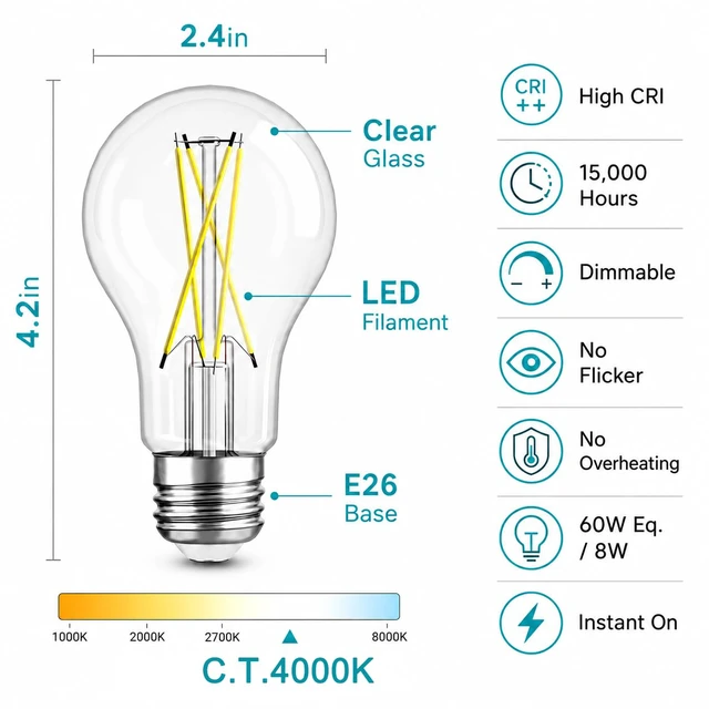 Alt view image 2 of 7 - A19 Vintage Dimmable LED Light Bulbs, E26 Base 60W Equivalent, 6 Pack 4000K Natural White, 8W, 800 Lumens High Brightness, CRI 80+, Clear Glass Edison Filament, for Home, Farmhouse