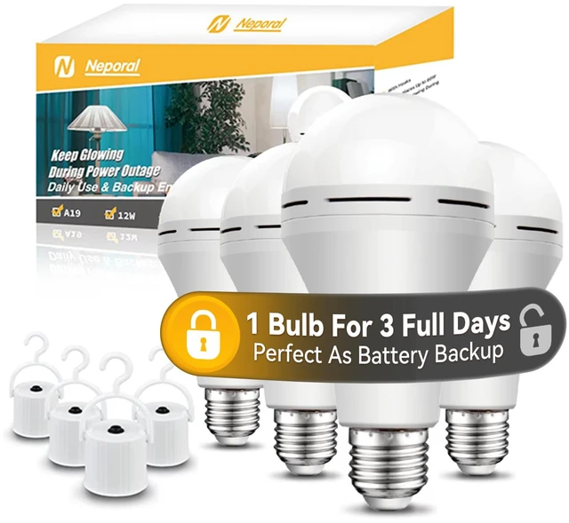 Main image of Emergency-Rechargeable-Light-Bulb, Stay Lights Up When Power Failure,15W 80W Equivalent LED Light Bulbs for Home, Camping, Tent (Daylight, 4 Pack 2600mAh)