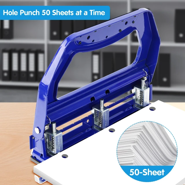 Alt view image 2 of 6 - 3 Hole Punch Heavy Duty, 9/32" Holes, 50-Sheet Hole Puncher 3 Ring, 50% Reduced Effort, Adjustable Two & Three Hole Punch, Metal Paper Puncher w/Large Chip Tray, Metal Paper Guide, Blue, HP18