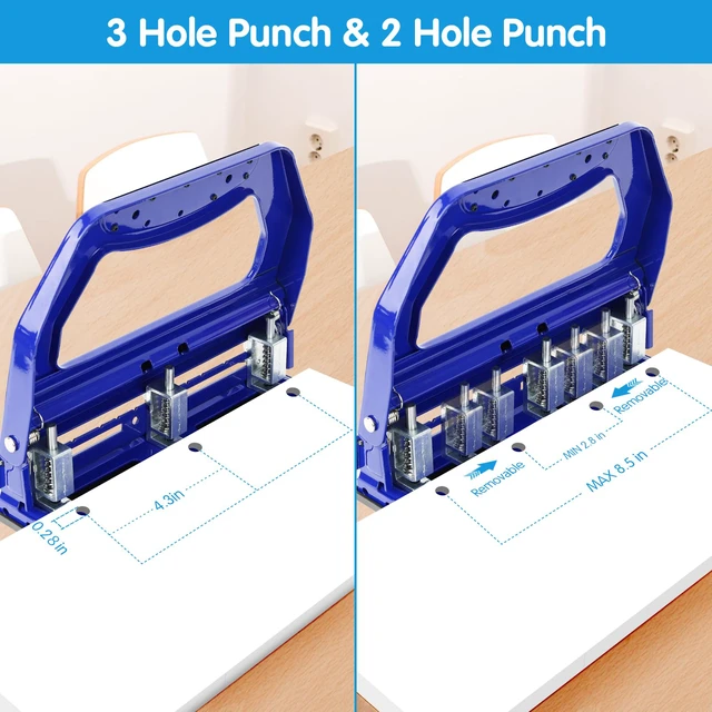 Alt view image 3 of 6 - 3 Hole Punch Heavy Duty, 9/32" Holes, 50-Sheet Hole Puncher 3 Ring, 50% Reduced Effort, Adjustable Two & Three Hole Punch, Metal Paper Puncher w/Large Chip Tray, Metal Paper Guide, Blue, HP18