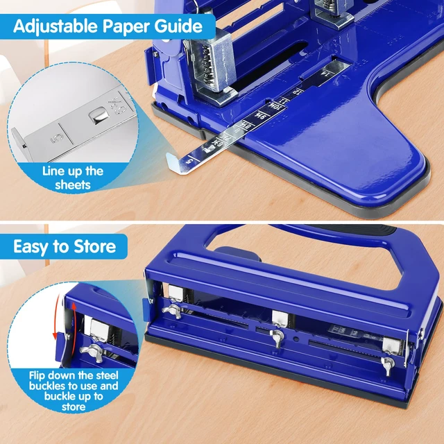 Alt view image 4 of 6 - 3 Hole Punch Heavy Duty, 9/32" Holes, 50-Sheet Hole Puncher 3 Ring, 50% Reduced Effort, Adjustable Two & Three Hole Punch, Metal Paper Puncher w/Large Chip Tray, Metal Paper Guide, Blue, HP18