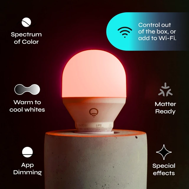 Alt view image 2 of 7 - Color Smart Light Bulbs (2-Pack) A19 E26, Matter Compatible RGB + Tunable White (800 Lumens), WiFi Dimmable Color Changing (2.4GHz), Compatible with Apple HomeKit, Alexa & Google