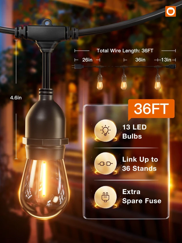 Alt view image 6 of 7 - LED Outdoor String Lights 36FT Edison Vintage Weatherproof ETL Commercial Grade Strand with Shatterproof Bulbs, Decorative Hanging Lights for Patio Backyard Garden Cafe Bistro Deck