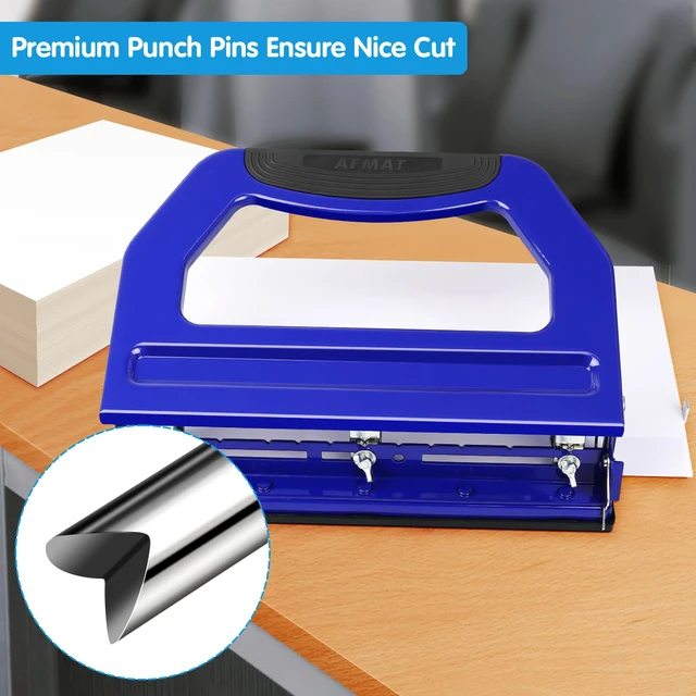 Alt view image 5 of 6 - 3 Hole Punch Heavy Duty, 9/32" Holes, 50-Sheet Hole Puncher 3 Ring, 50% Reduced Effort, Adjustable Two & Three Hole Punch, Metal Paper Puncher w/Large Chip Tray, Metal Paper Guide, Blue, HP18