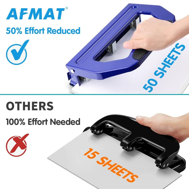 Alt view image 6 of 6 - 3 Hole Punch Heavy Duty, 9/32" Holes, 50-Sheet Hole Puncher 3 Ring, 50% Reduced Effort, Adjustable Two & Three Hole Punch, Metal Paper Puncher w/Large Chip Tray, Metal Paper Guide, Blue, HP18
