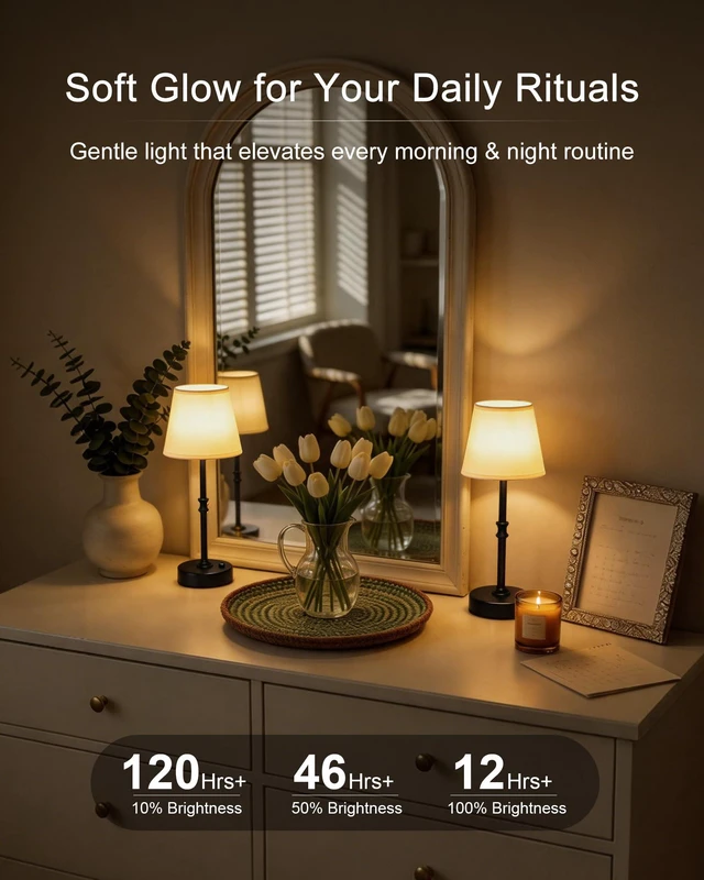 Alt view image 2 of 7 - Cordless Table Lamp Rechargeable: Fast Charging & Long Lasting - 2700K Warm Light Small Vintage Brass Entryway Lamps - Dinning Living Room Bedroom - Black