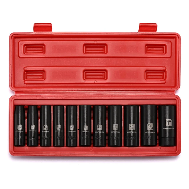 Alt view image 2 of 7 - 11 Pieces 1/2-Inch Drive Deep Impact Socket Set, 3/8-Inch to 1-Inch, CR-V, SAE, 6 Point, Deep, 11 Pieces 1/2" Dr. Socket